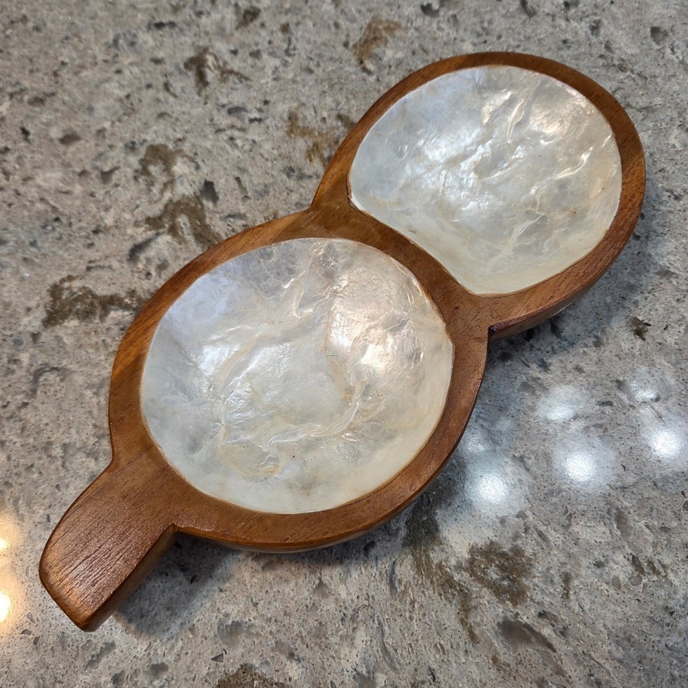 Vintage Monkey Pod Snack Bowl Capiz Shell Inlay Mother of Pearl Serving Dish MCM